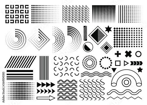 black set of memphis design elements, vector memphis geometric simple isolated graphic elements collection for your design projects. isolated circles, waves, dots, gradients on white background.
