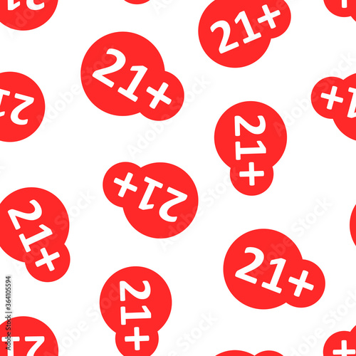 Twenty one plus icon in flat style. 21+ vector illustration on white isolated background. Censored seamless pattern business concept.