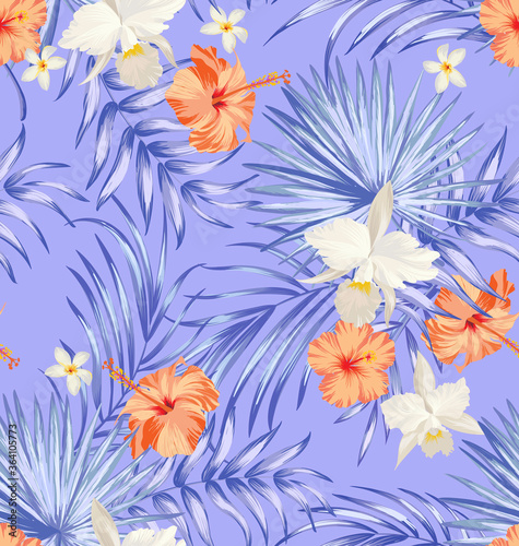 Fototapeta Naklejka Na Ścianę i Meble -  Trendy vector pattern in tropical style. Seamless botanical print for textile, print, fabric on hand drawn background.