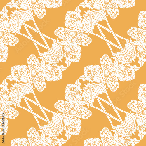 Freesia seamless vector pattern.White flowers in diagonal intertwined rows on orange background. Hand drawn vector for spring and summer wallpaper, backgrounds, invitations, and interior design.