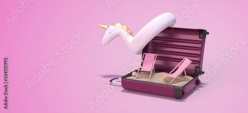 Cuadro en lienzo valise ouverte avec bouée licorne et transats dans le sable sur fond rose