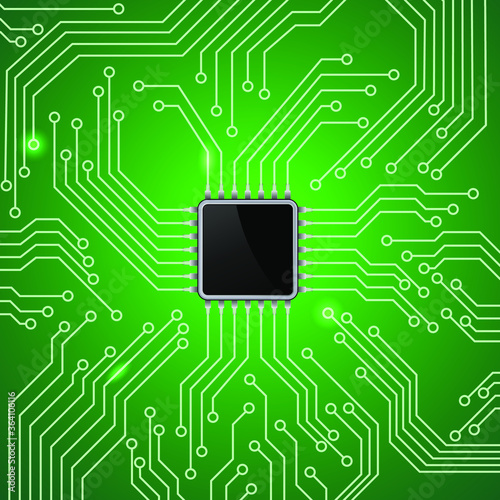 Electronic microcircuit vector illustration with soldered contacts to the microchip. Abstraction for electronic business with technical details.
