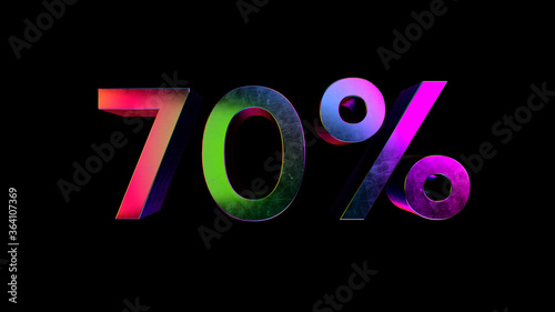3d rendering of iridescent seventy percent off discount. Holographic 70 digit number and percent on black background.