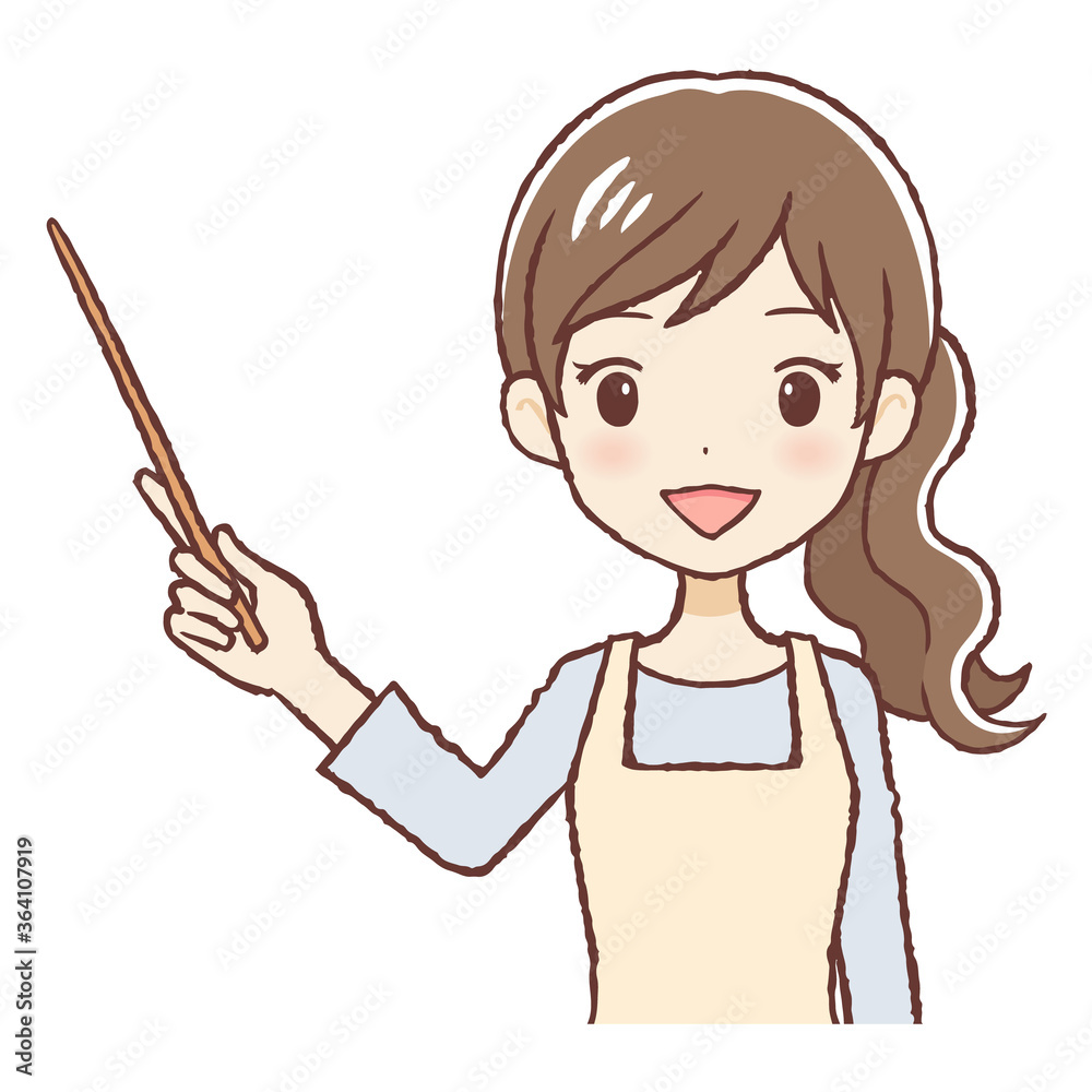 指し棒で説明するエプロン女性 上半身 指し棒で説明するエプロン女性 上半身