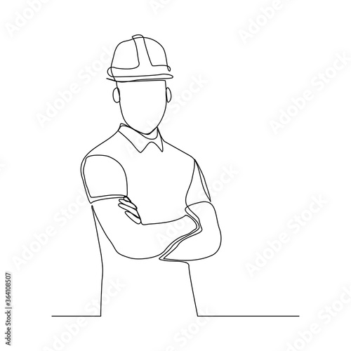 Continuous line drawing of foreman constructor engineer wearing safety helmet. Vector illustration