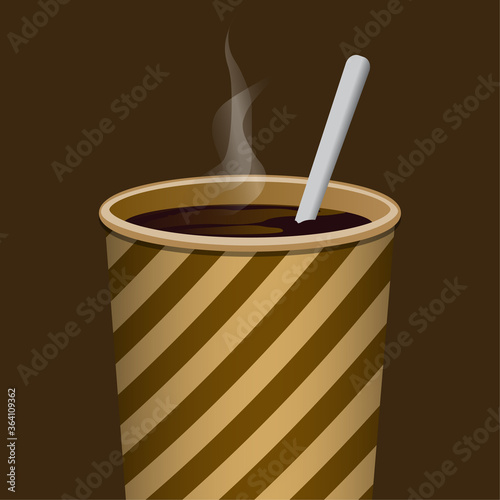 Illustration 3D d’un gobelet carton à rayure rempli de café noir chaud.