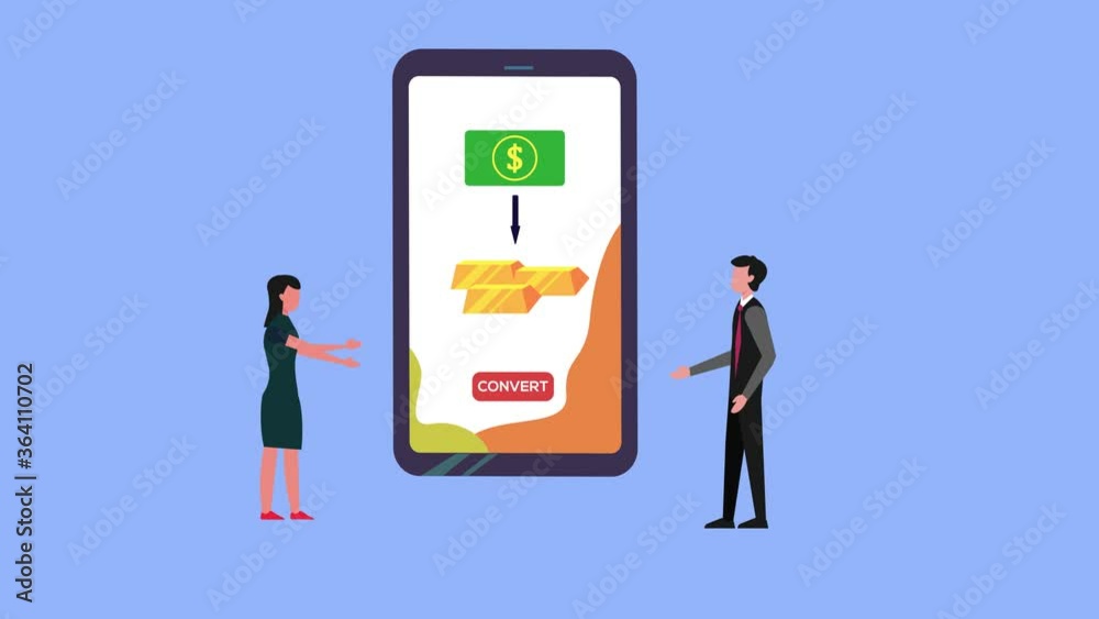 Two people converting money to gold by a cellphone Two people converting money to gold by a cellphone