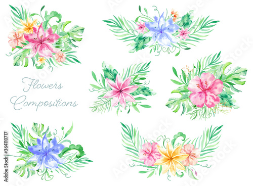 Watercolor bouqet with tropical flowers, leaves. Hawaiian exotic illustrations for greeting card, wedding, wallpaper