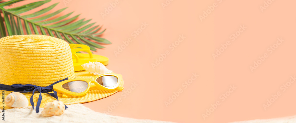 summer sand beach with hat,sandal and sunglasses on peach vintage color   banner mockup Stock Photo | Adobe Stock