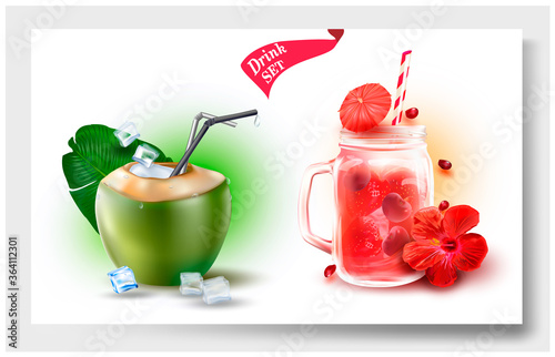 3d.Summer Drinks.Transparent Glass with smoothie. Strawberry.Coconut with Cocktail.Cherry.Lemonade with Drinking Straw.Ice cube. Vector illustration.