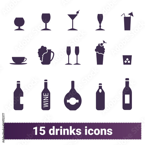 Alcoholic and nonalcoholic beverages  cocktails  coffee vector icons. Drinks in glass  cup  bottle pictograms. Bar and party symbols collection. Isolated on white background.