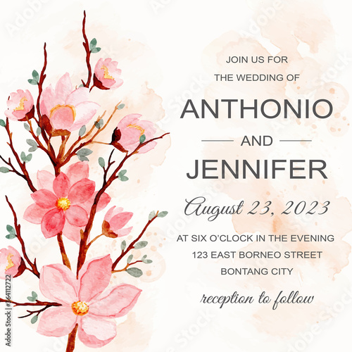 wedding invitation card with pink flower watercolor
