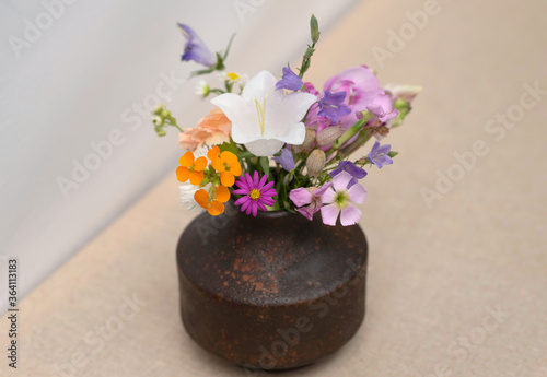 Beautiful wild flowers with white and blue Campanula  mini pink Dianthus and others flowers in a retro vase isolated on beige background
