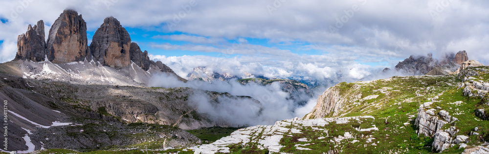 Drei Zinnen or Tre Cime di Lavaredo with beautiful flowering meadow, Sextener Dolomiten or Dolomiti di Sesto, South Tirol, Dolomiten mountains view, Italian Alps