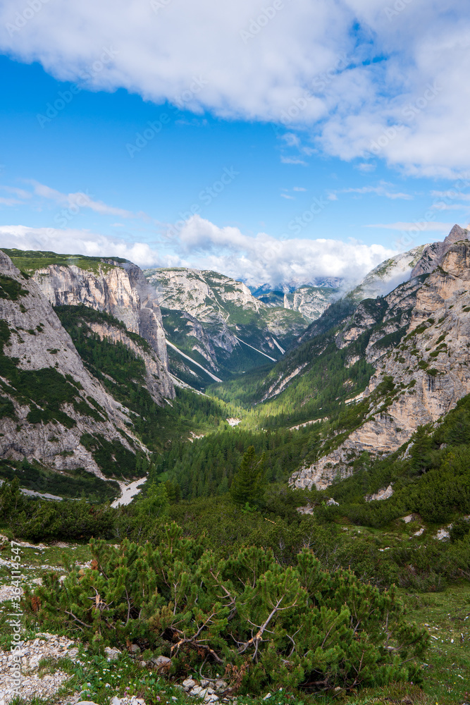 Looking across a deep V-shaped, forested valley towards the spectacular Tre Cime in the Dolomites of Northern Italy