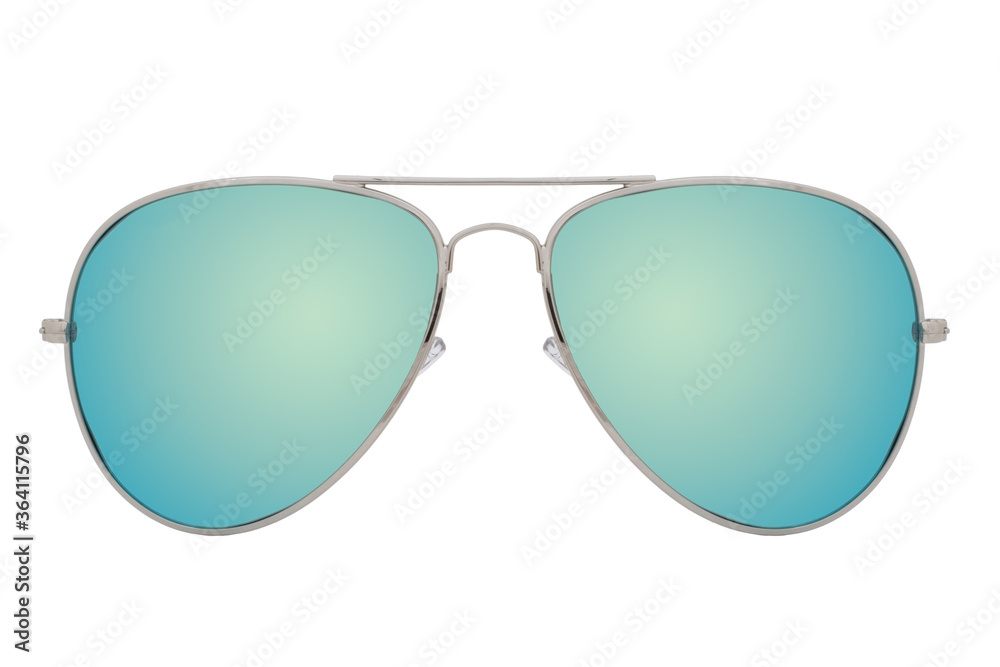 Sunglasses with a silver frame and blue mirror lens isolated on white background.