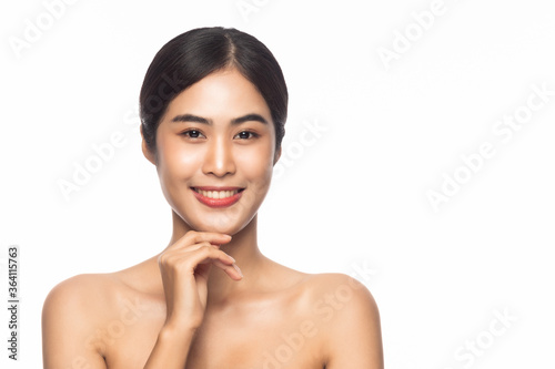 Beautiful Young Asian woman clean fresh skin with hands touching face isolated on white background. Facial treatment, Cosmetology, Beauty and skin care concept.