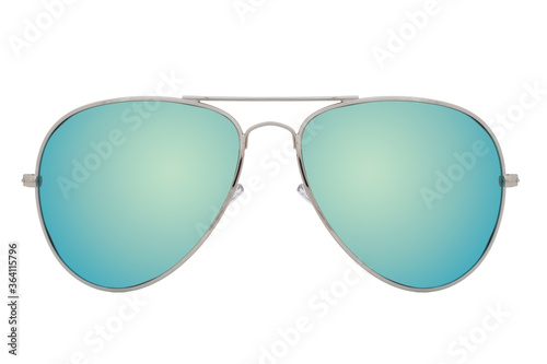 Sunglasses with a silver frame and blue mirror lens isolated on white background.