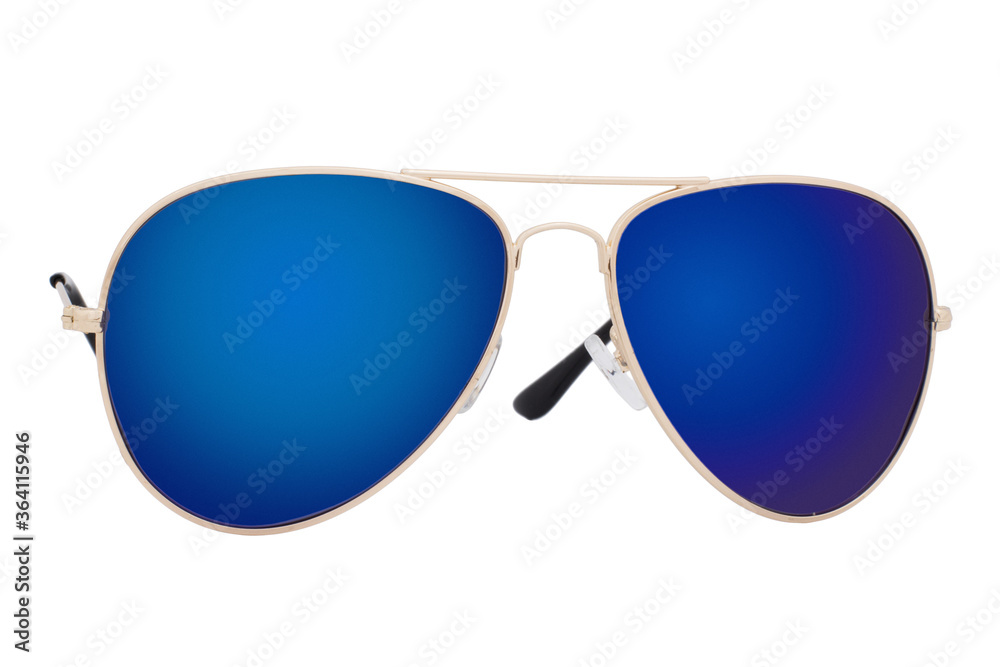 Sunglasses with a gold frame and blue lens isolated on white background.