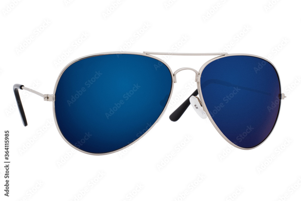 Sunglasses with a silver frame and blue lens isolated on white background.
