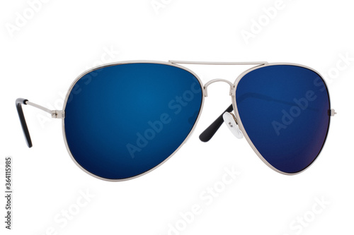 Obraz na płótnie Sunglasses with a silver frame and blue lens isolated on white background. w salonie