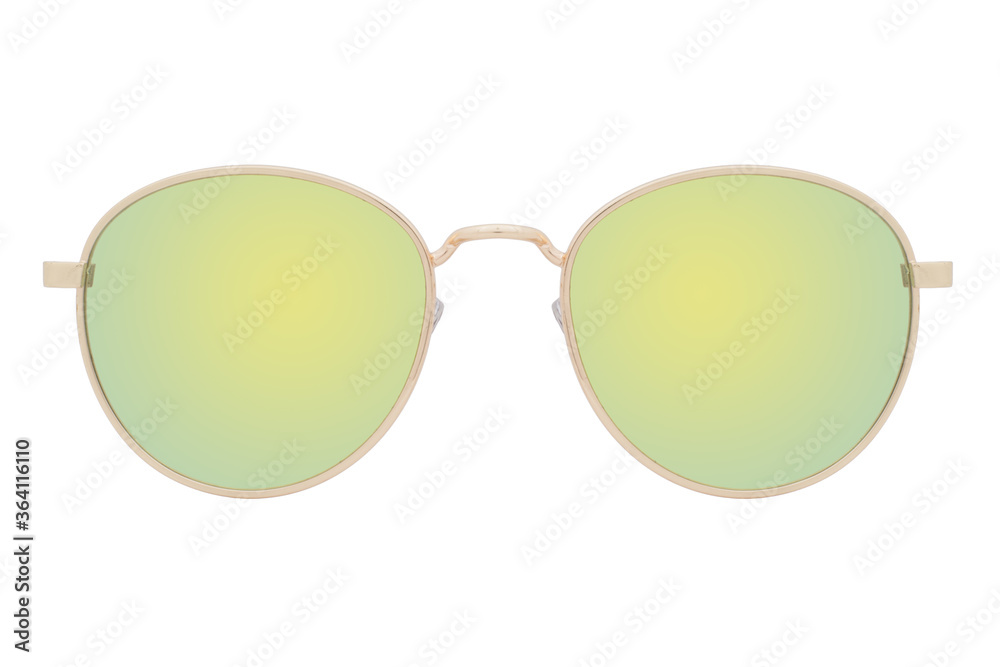 Sunglasses with a gold frame and yellow lens isolated on white background.