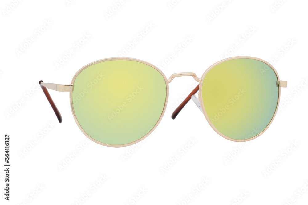 Sunglasses with a gold frame and yellow lens isolated on white background.