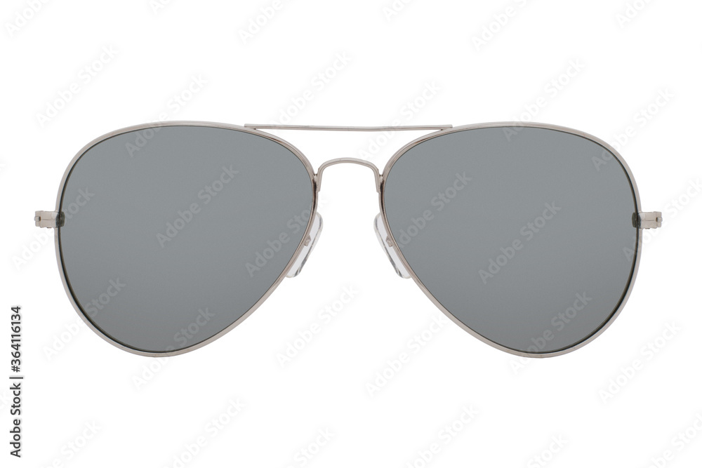Sunglasses with a silver frame and mirror lens isolated on white background.