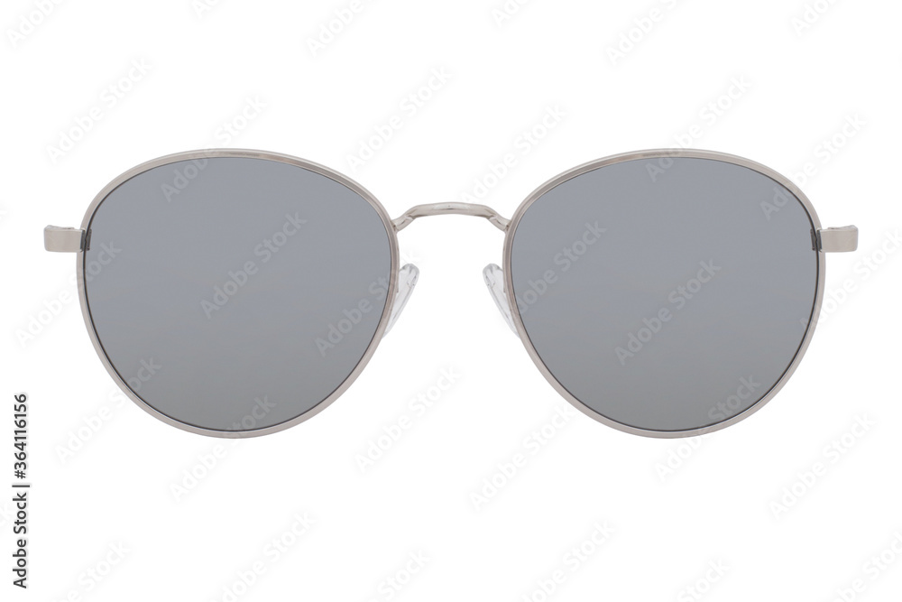 Sunglasses with a silver frame and mirror lens isolated on white background.