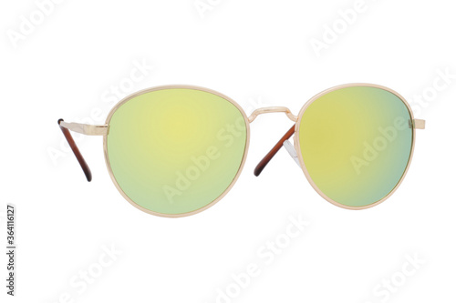Sunglasses with a gold frame and yellow lens isolated on white background.