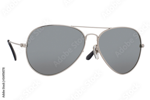 Sunglasses with a silver frame and mirror lens isolated on white background.