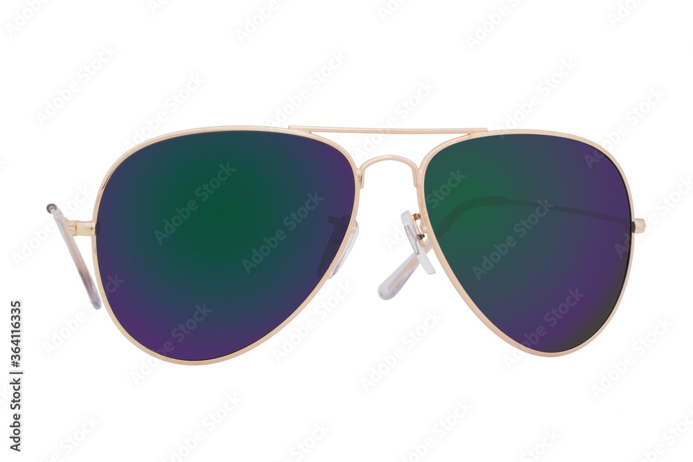 Sunglasses with a gold frame and green lens isolated on white background.