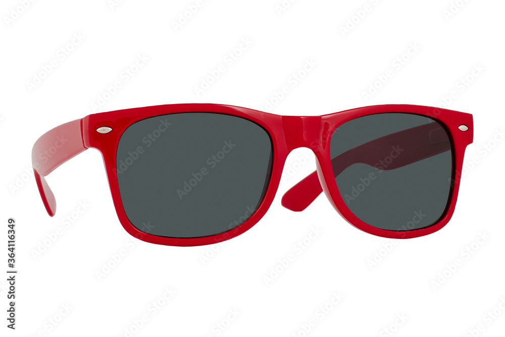 Sunglasses with a red plastic frame and black lenses isolated on white background.