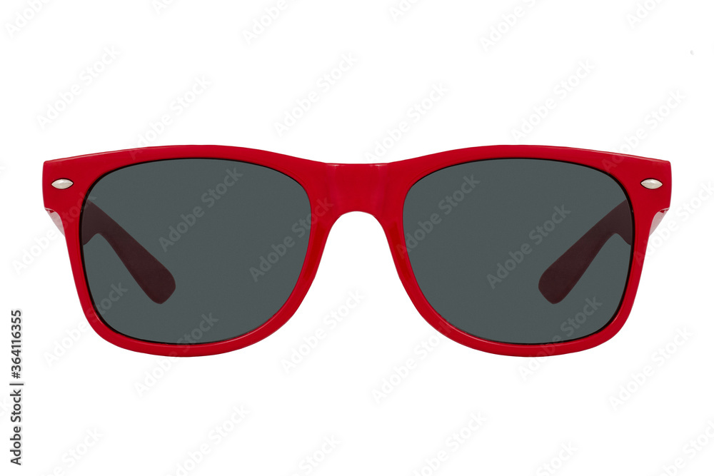Sunglasses with a red plastic frame and black lenses isolated on white background.