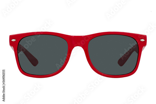 Sunglasses with a red plastic frame and black lenses isolated on white background.