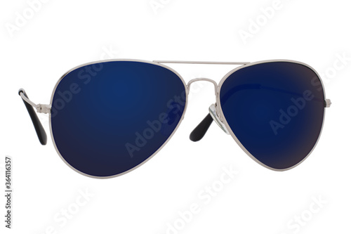 Sunglasses with a silver frame and blue lens isolated on white background.