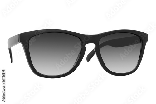 Sunglasses with a black plastic frame and black lenses isolated on white background.