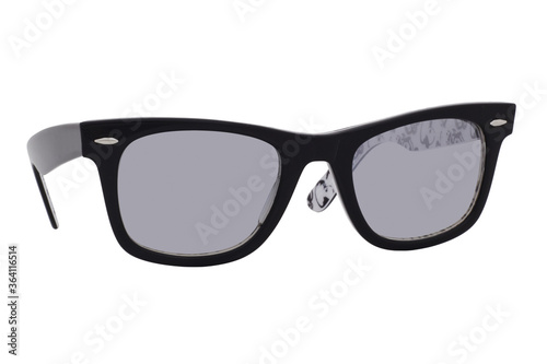 Sunglasses with a black plastic frame and blue lenses isolated on white background.