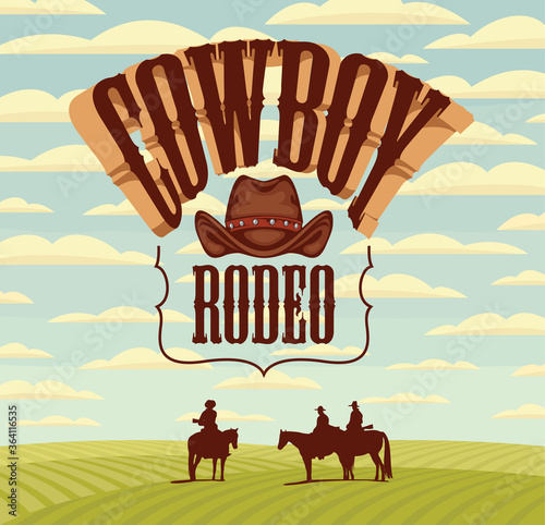Wild West banner with emblem for a Cowboy Rodeo show and Western landscape in retro style. Decorative vector landscape with green fields, clouds in the sky and silhouettes of riders on horseback.