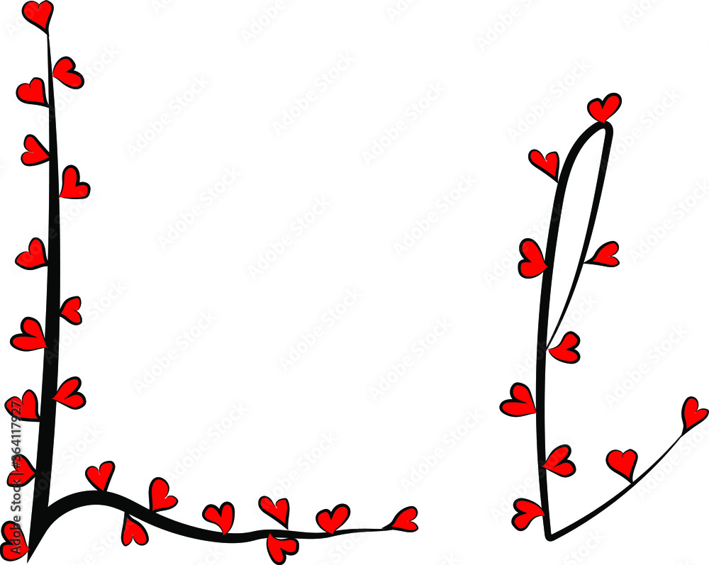Festive romantic font. Black branches and bright red hearts. Valentine's day. Design of greeting cards and invitations. Latin English letters. Uppercase and lowercase letter L. Concise design