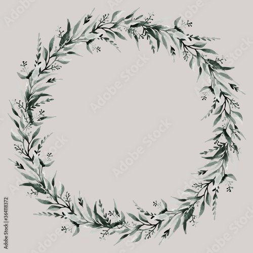 Botanical wreath. Flowers  leaves and branches in round frame. Vintage design for logo  wedding invitations  postcards  stickers and textile. White isolated background. Paper texture. Watercolor.