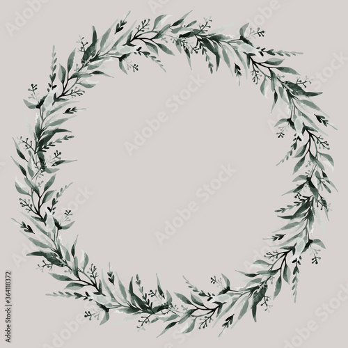 Botanical wreath. Flowers, leaves and branches in round frame. Vintage design for logo, wedding invitations, postcards, stickers and textile. White isolated background. Paper texture. Watercolor.