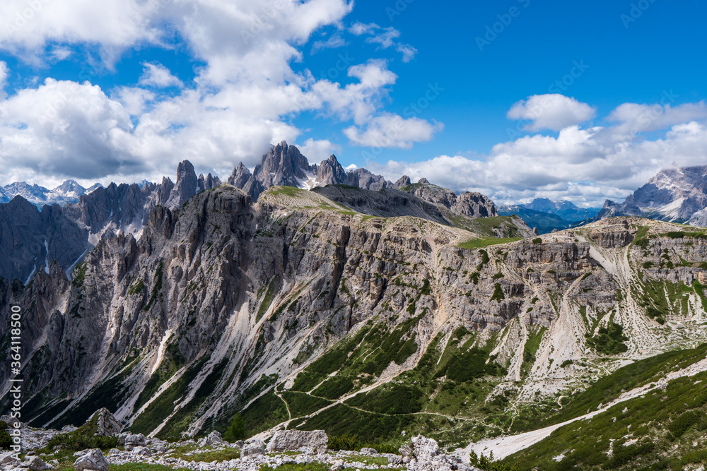 Fantastic views down the Dolomites mountain valley at the start of Tre Cime di Lavaredo loop hike in Parco Naturale Tre Cime, South Tyrol, Italy