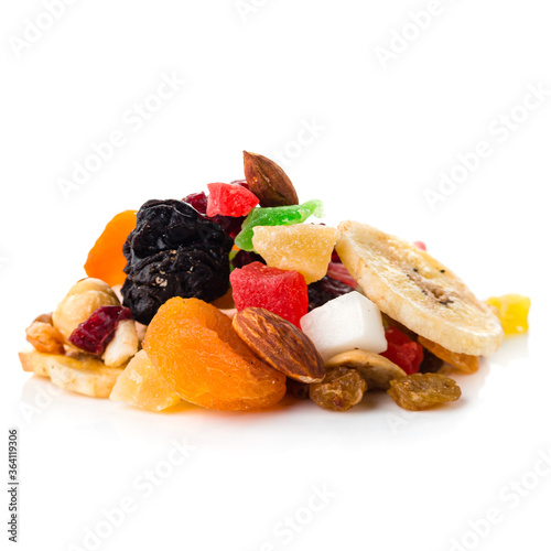 Mix nuts and dry fruits on white background