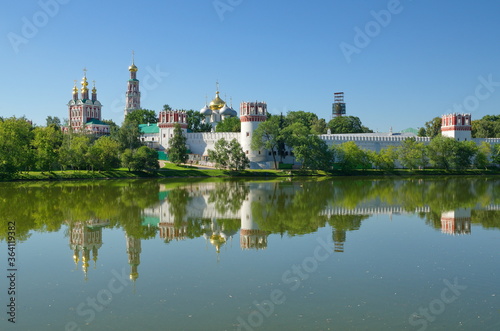 Summer view of the Novodevichy monastery and the Big Novodevichy pond. Moscow, Russia