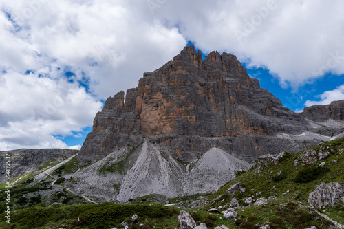 Amazing rocky mountains covered with clouds, Tre Cime di Lavaredo park, Dolomites, Italy