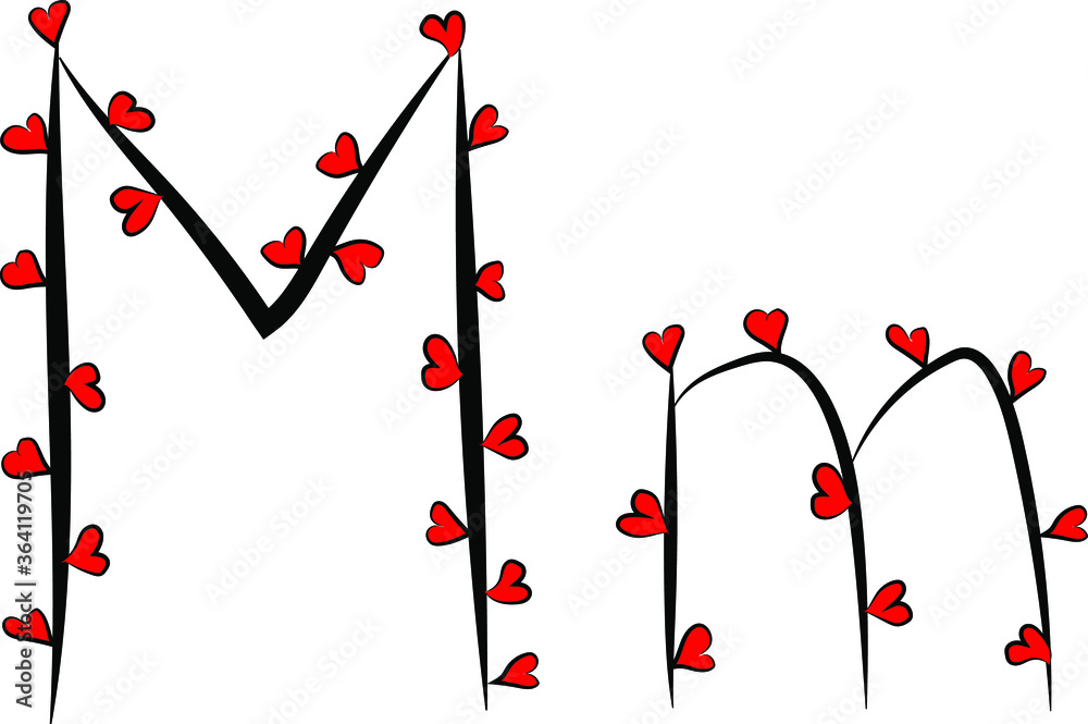 Festive romantic font. Black branches and bright red hearts. Valentine's day. Design of greeting cards and invitations. Latin English letters. Uppercase and lowercase letter M. Concise design