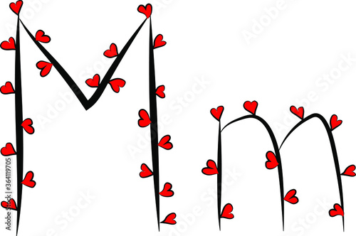 Obraz na płótnie Festive romantic font. Black branches and bright red hearts. Valentine's day. Design of greeting cards and invitations. Latin English letters. Uppercase and lowercase letter M. Concise design w salonie