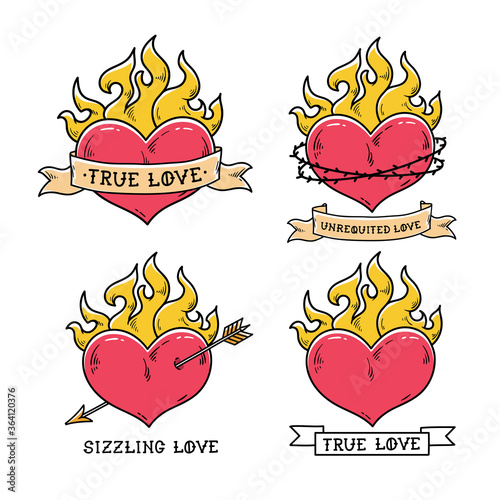 Set of Flaming Heart Tattoos with ribbon.