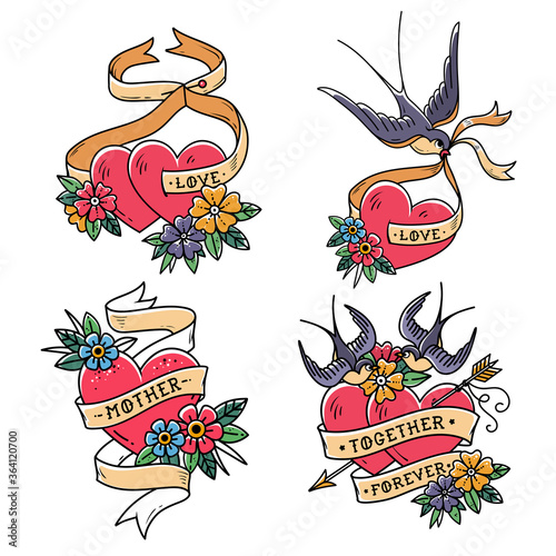 Collection of Heart Tattoos with birds. Vintage